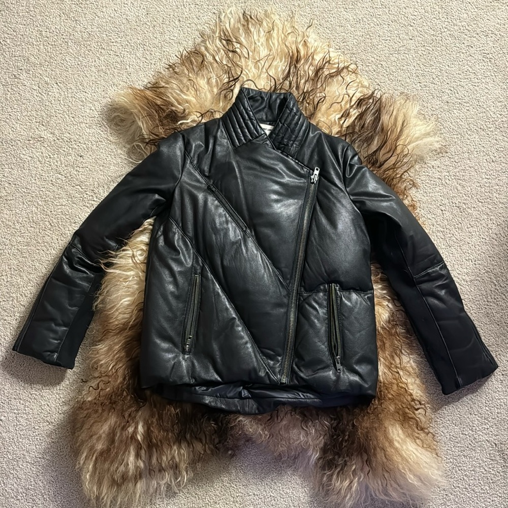 HELMUT LANG Pitch Leather and Down Puffer Coat Jacket P XS 0